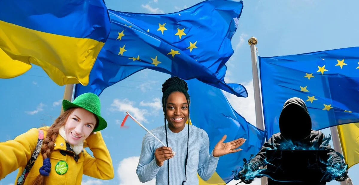 Image an Irish woman in her twenties taking a selfie on the left, a Ghanian women in the center and a faceless disinformation specialist creatively interacting with a laptop. They are all set against EU and Ukrainian flags in the background.
