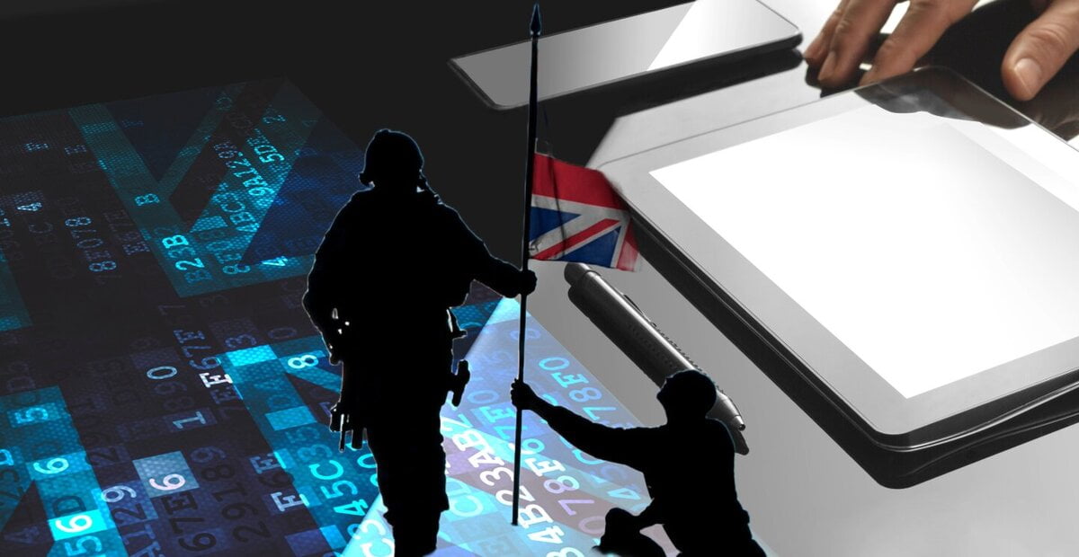 Dual tone image of a tablet & pen on a table, and a cyber image of the UK flag on the dark side, plus silloutes of two British soldiers holding a Union Jack flag.