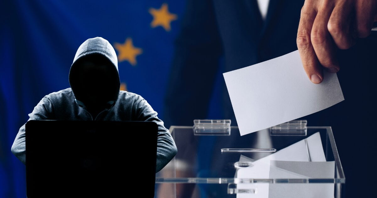 Image of background EU flag with a man standing on the right side, placing his vote into a ballot box. A digital authoritarian in a huddie is inset to the left.