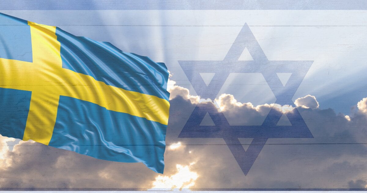 Image of the Swedish flag in the left foreground with an Israeli Star of David in the background, blended with the sun breaking through the clouds.