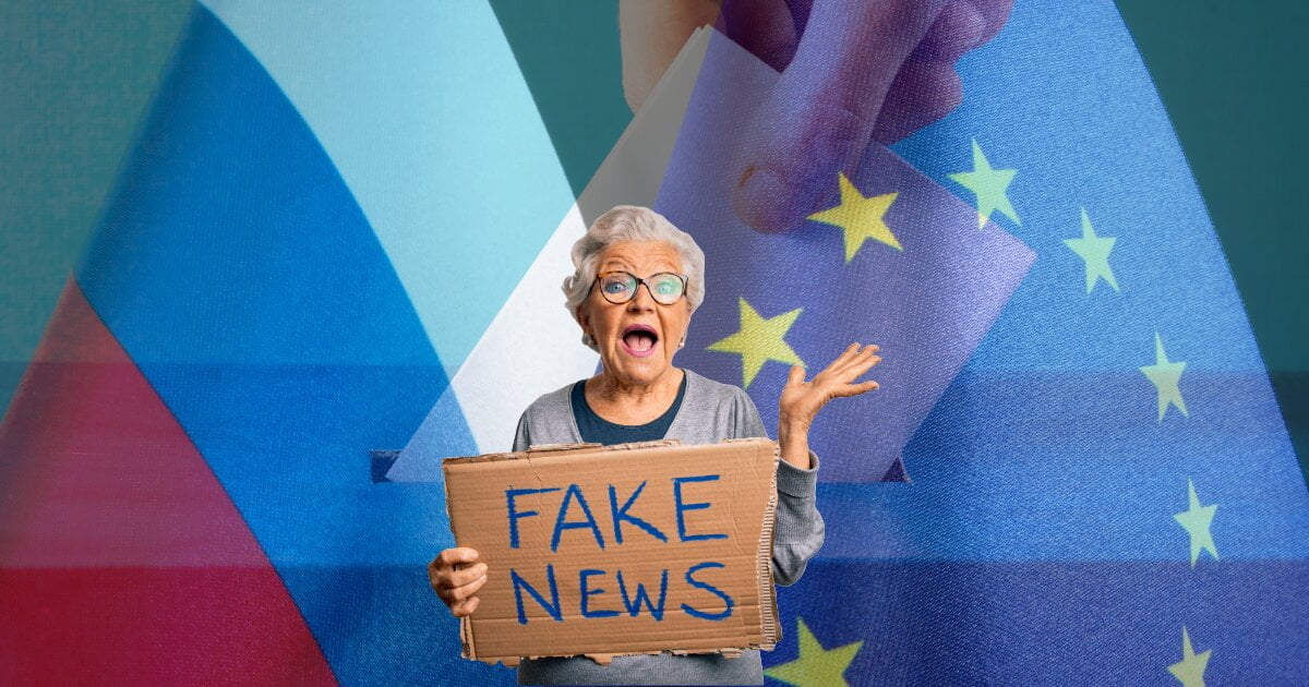 A man's hand placing a vote in a ballot box in background, EU and Russian flags in the background along with an old lady with Fake News sign in the foreground