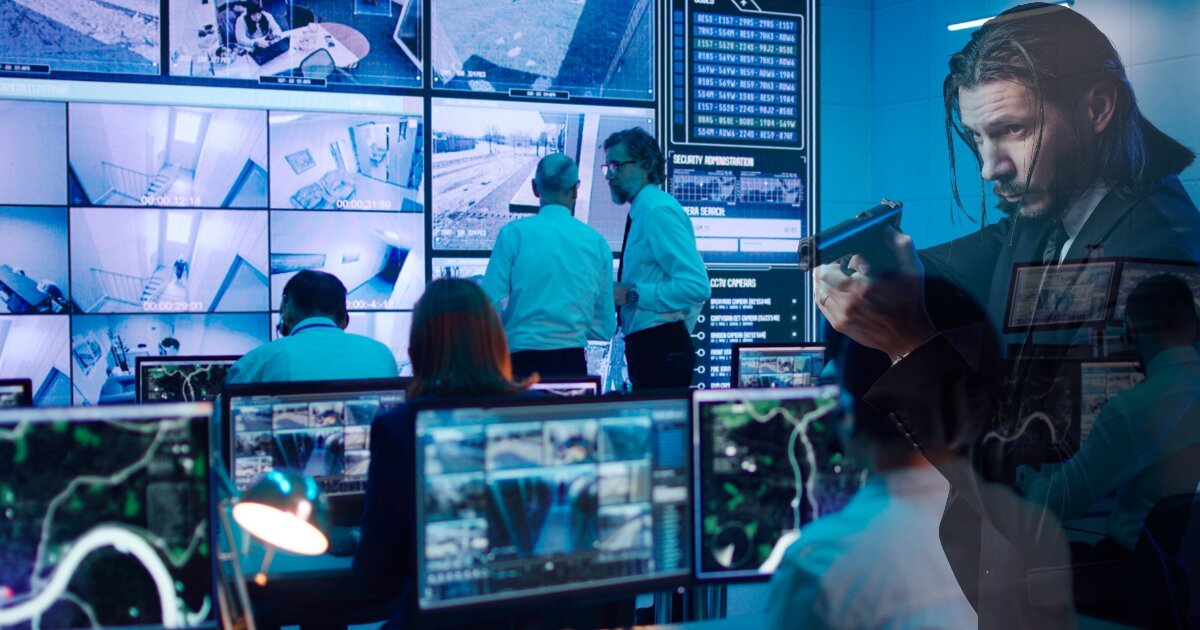 Image of an intelligence agency's tactical command and control centre, with an opague image of an armed German Intelligence Agent in a black suit to the right.