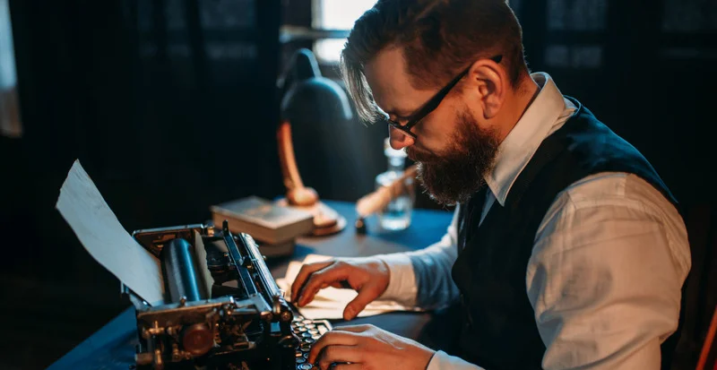 Author wearing in a shirt, tie and waistcoat, typing away on his manual typewritter in a dimly lit office, where old books and antique lightshades are viewable.