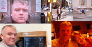 imgEarlyJohnCollage1080x558 Collage of John A. Mulhall in Milan, Italy, New York City, USA, programming in College Library, and with his mother, Susan Mulhall RIP at this sister's 40th birthday dinner.