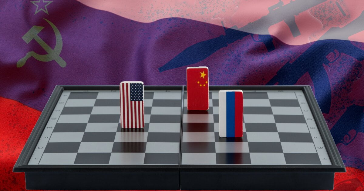 Draughts board with 3 chips. Russia/China facing the United states in a contest. The board represents the Africa with Russia/Soviet flag in the background.