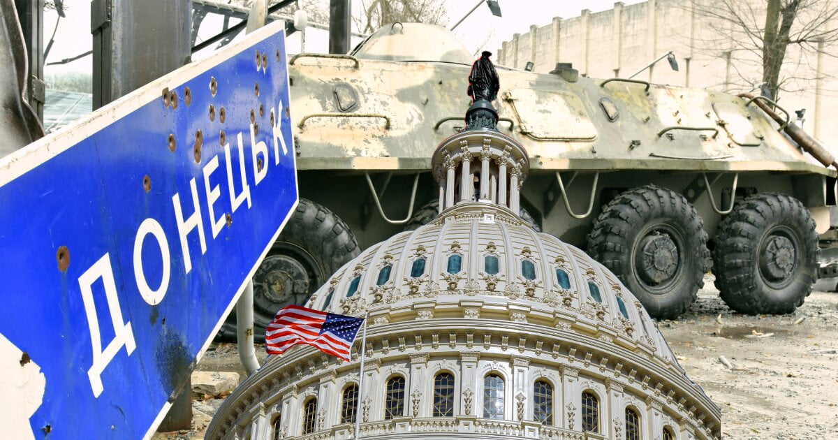 Image of a Ukrainian battleground after assault by Russia in the rear and an inset of the dome at Capitol Buildings in Washington DC with the American flag.