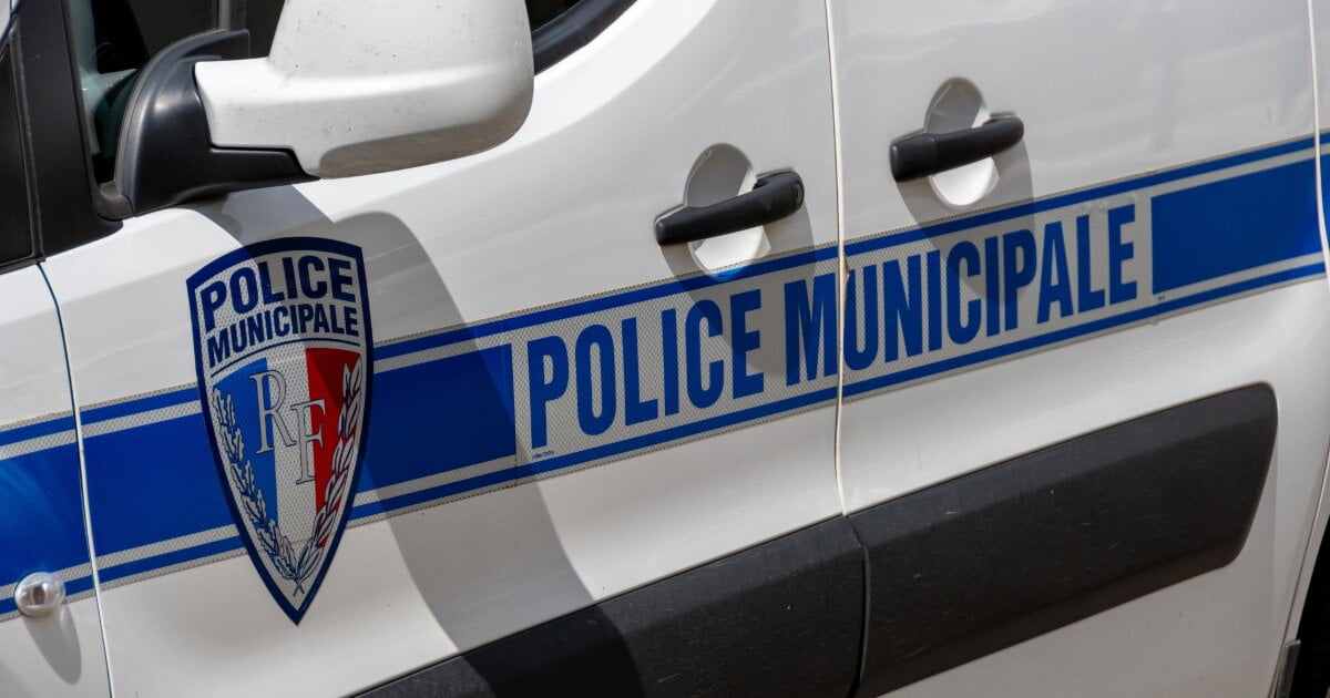 The side view of a French Municipal Police van with the blue Police logo, and name deccard. The van is white in color.