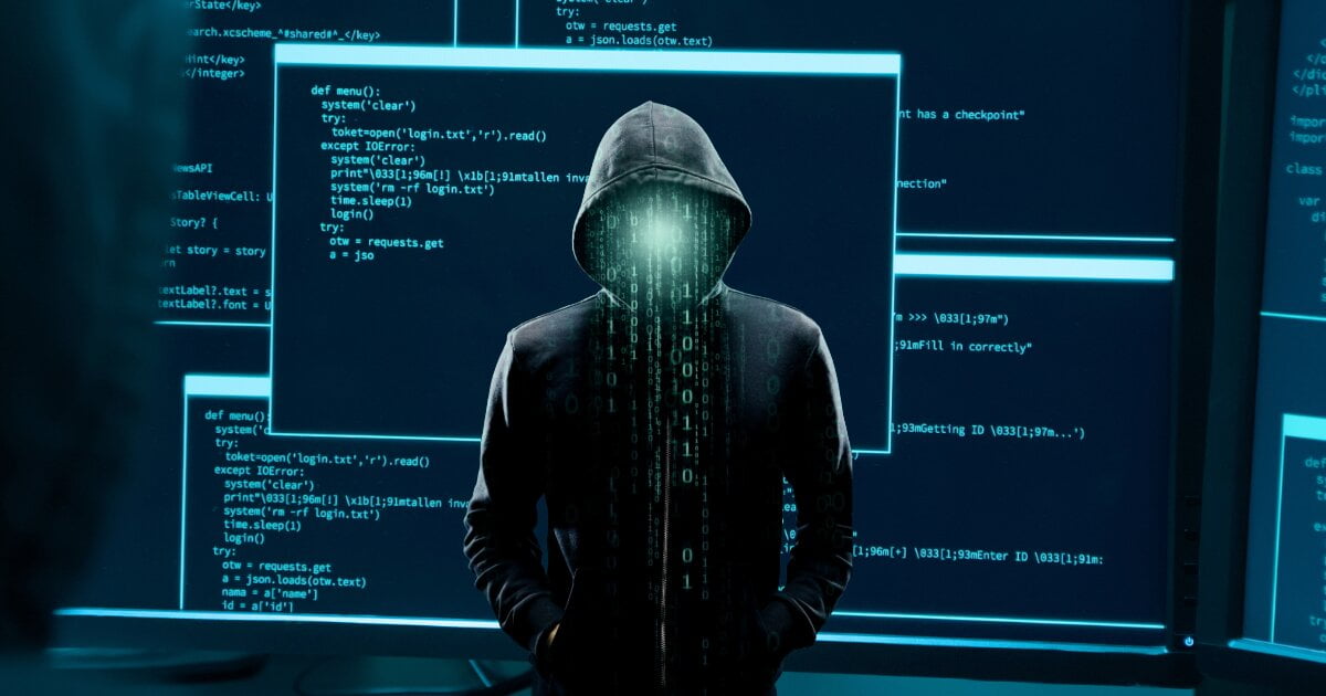 A faceless hacker in a hoodie with 1s and 0s streaming from his face is the foreground inset, with open editor pages containing cyberattack associated code.