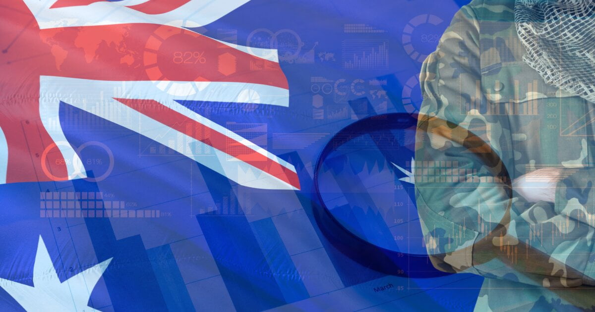 Australian Flag set with the arm of an Austrailian solder to the right, and geospatial analysis opaguely integrated into the image.