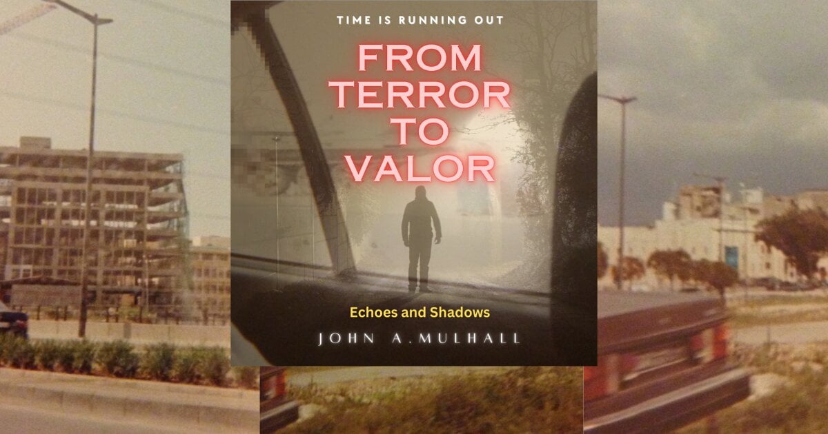 Image of different parts of a war-torn middle east city circa 2002, and the audiobook cover image of From Terror to Valor: Echoes and Shadows in the foreground.