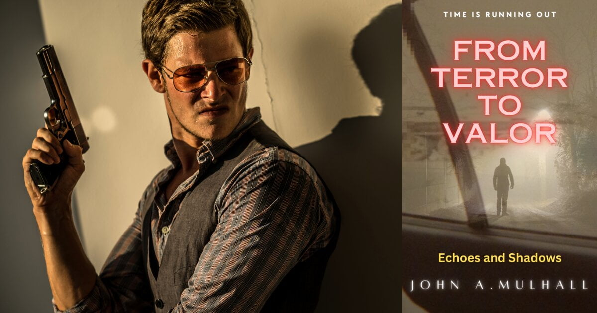 To the left, a secret agent with fair hair, ray ban glasses and a striped shirt and side arm, and From Terror to Valor novel cover to the right.