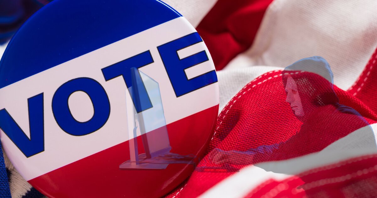 A vote page in blue, white, and read stripes, with a US flag foldeed in the background along with an opague image of a hacker hacking.