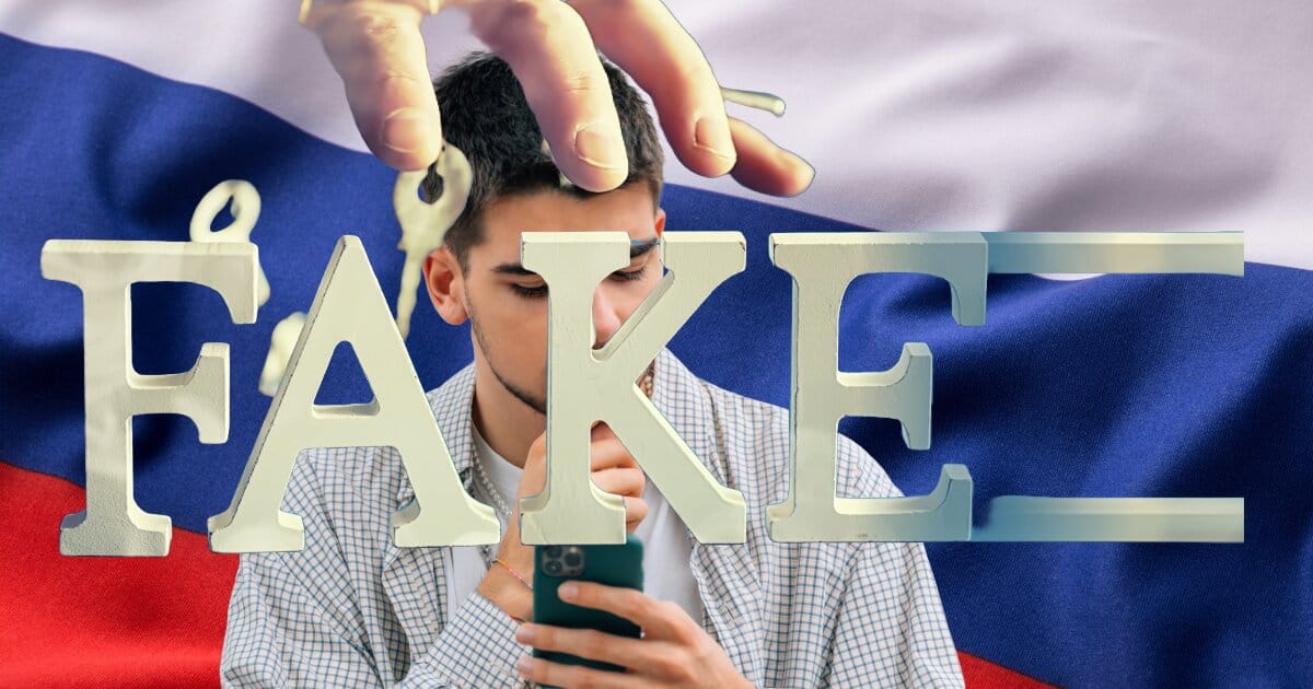 A hand grasping keys and the top of a young man's head while is reads news on his smartphone. In the background from these insets, a Russian Flag is embedded.