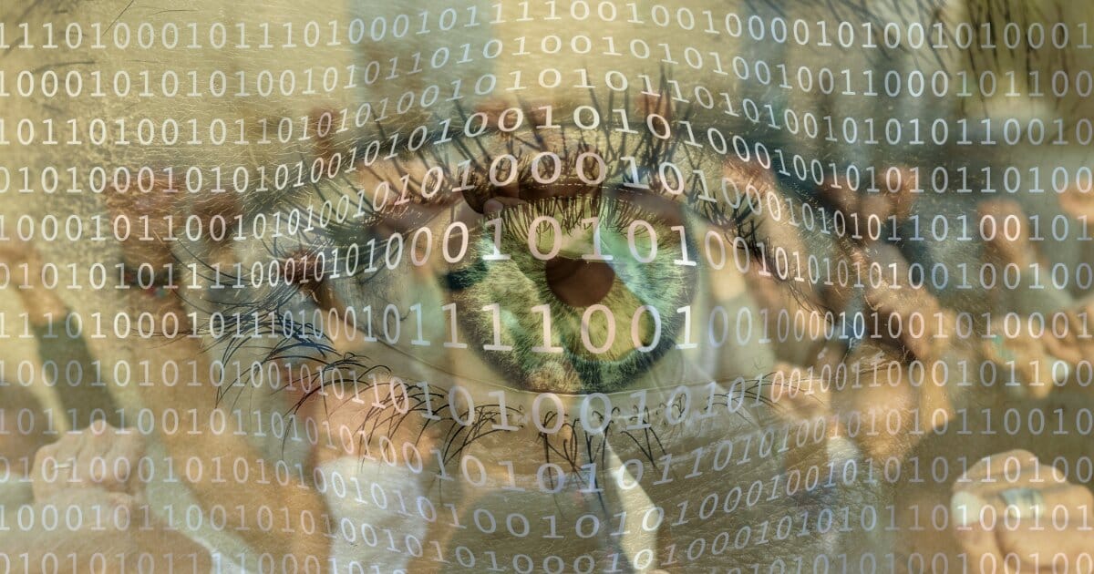 Opague digital eye surrounded by 1s and 0s with a real world protest opaguely blended into the background.