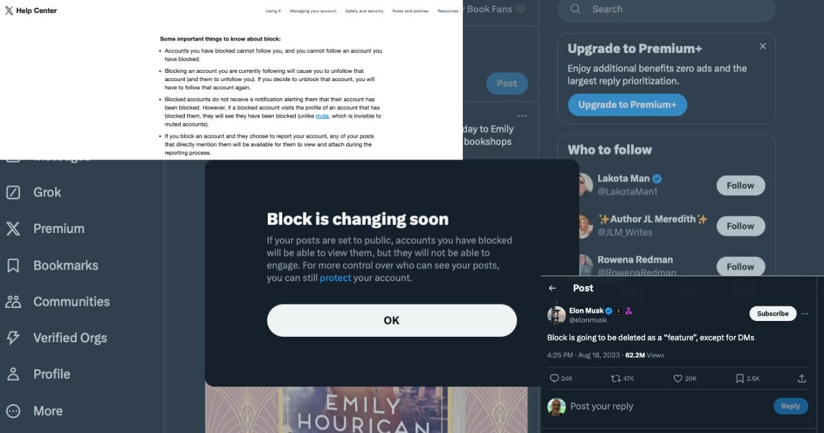 Image of 3 TwitterX screenshots, showing the new block visibility rule, the existing rule for it and Elon Musk's 2023 tweet confirming he wants to get rid of block altogether.