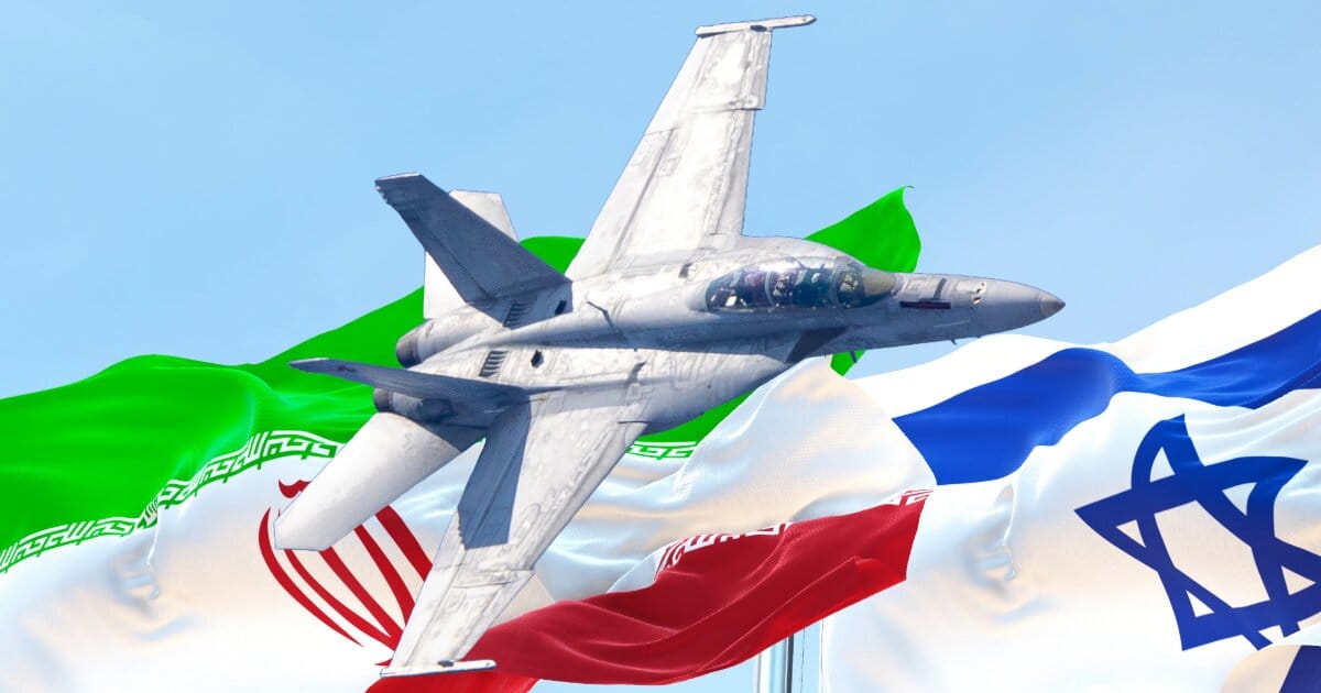 Image of the sky, flags of Iran and Israel waving in the breeze and a fighter jet in the foreground.