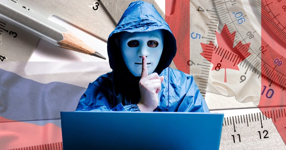 Opague blend of maths instruments, Canadian, and russian flag. Foreground is a inset of a hooded and masked hacker behind a laptop with his finger to his nose.