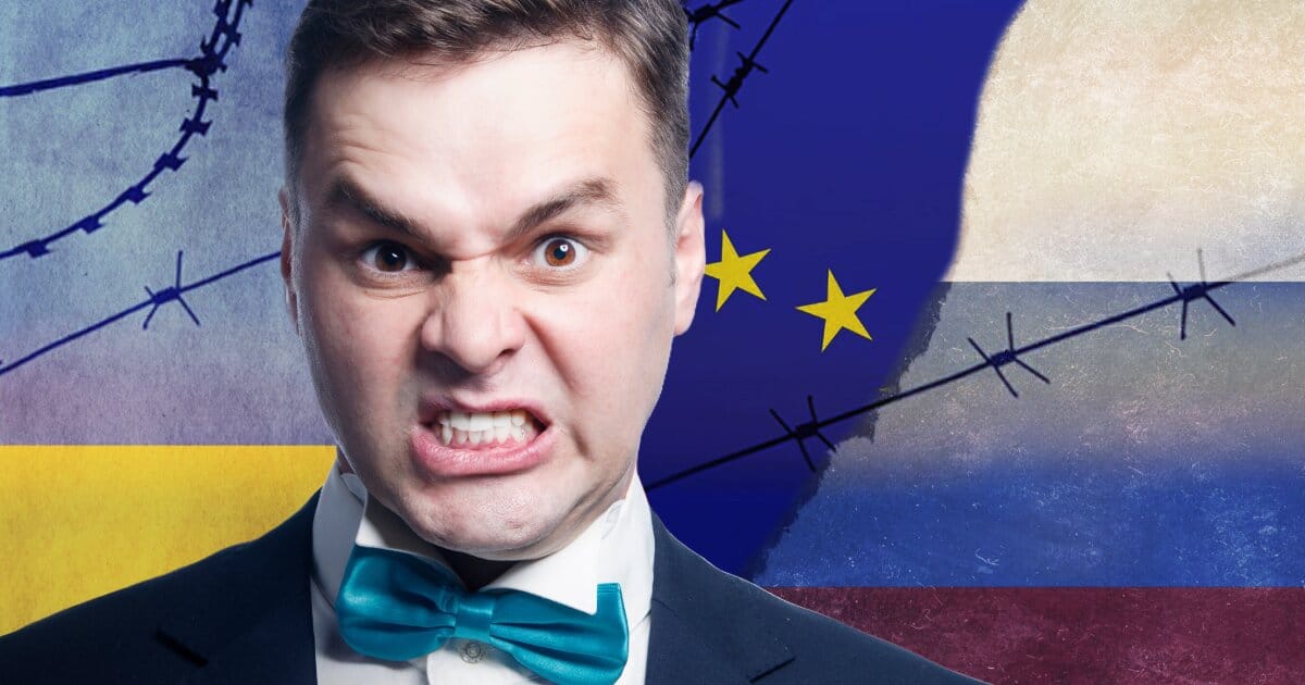 Inset of a man gritting his teeth in a black suit, white shirt and dickie bow. Behind is a Ukrainian, intersecting with an EU and then with Russian flag.