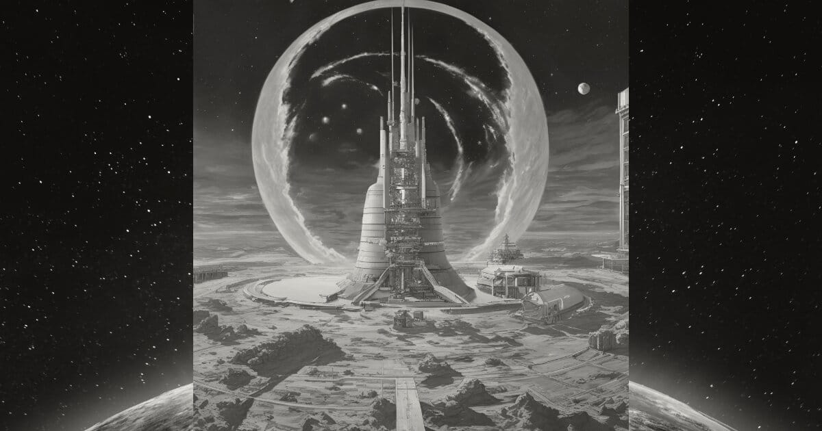 Greyscaled image of earths southern tip at the end facing into space, with a narrower image in the foreground centre of Hindsight Station under construction.