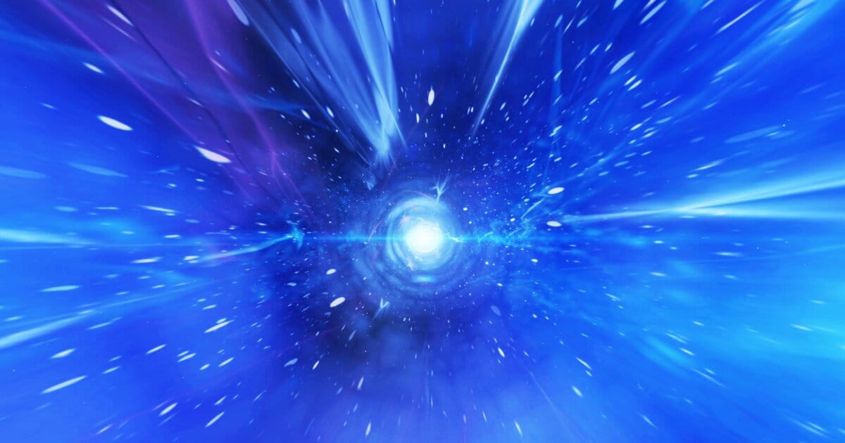 A blue background hosting a distorting blue and white light as a starhips bridge view heads into a fictional wormhole.