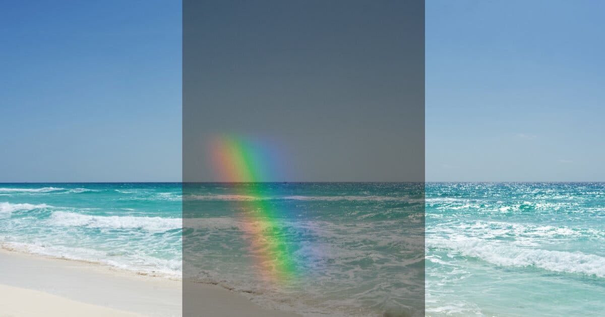 Image of waves cresting onto a sunny beach, with a rendition of a quantium mirror refracting light in the center of the image as an opague frame.