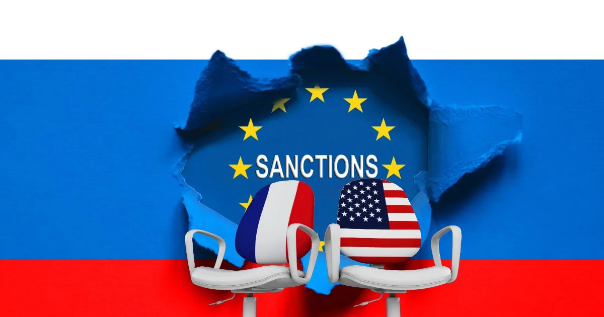 Russian Flag enlarged with the blue stripe having EU Sanctions/Flag Stars bursting through it. An American and French chair sit empty in the foreground.