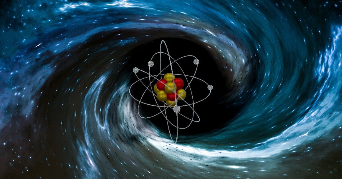 An image of a circular warping of space from a distance with an image of an atom with electrons as satellites.
