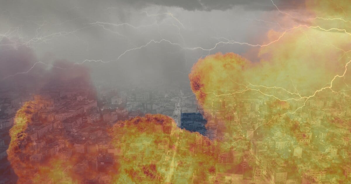 Image of a nuclear explosion rendering accross a lightening struck city after a nuclear holocaust.