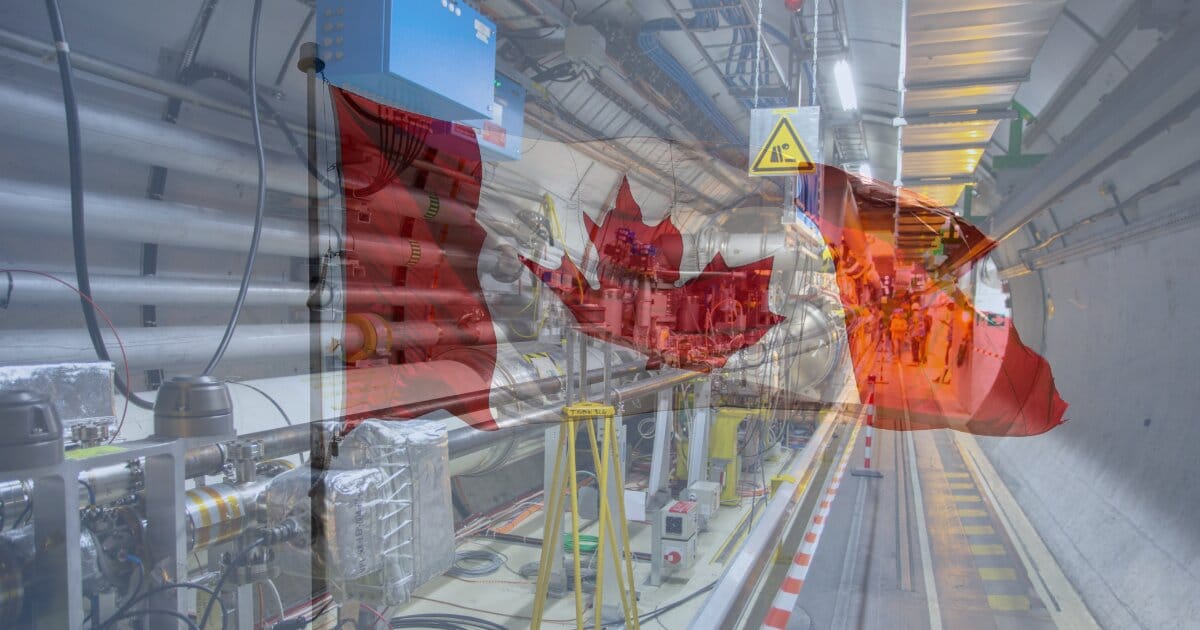 Canadian flag on a blue day plaguely blended into an image of a corridor at a nuclear facility.