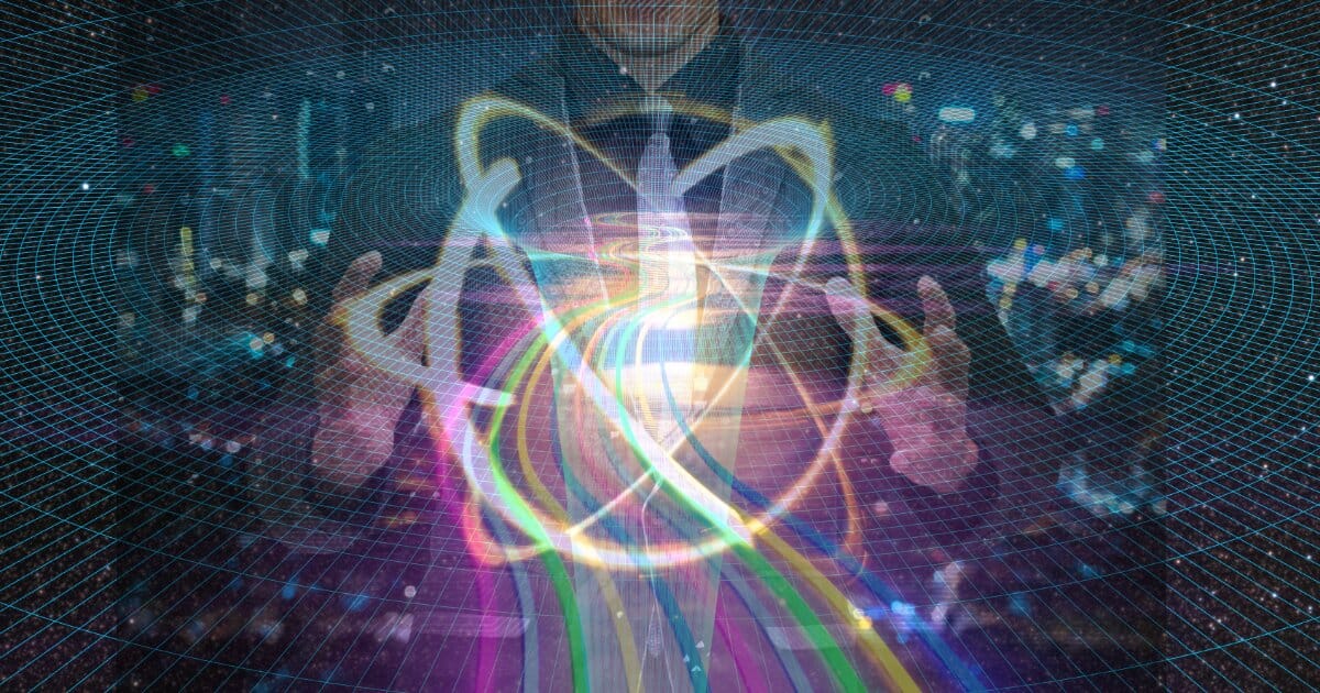 A opague image of a man in a suit handling an atomic reaction image, inset into a quantum singularity mapped into universal space time grid patterns.