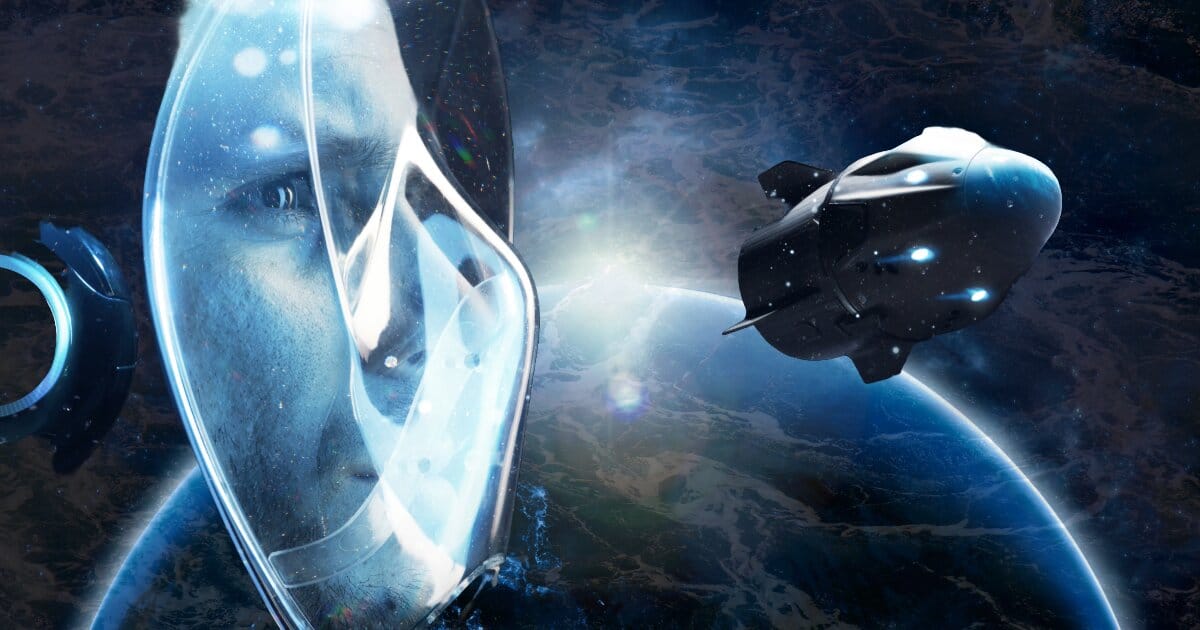 Earth, the sun shining over it and a gravitational waves opague in the background. Foreground is a man in a space faring mask and a ship to his right.