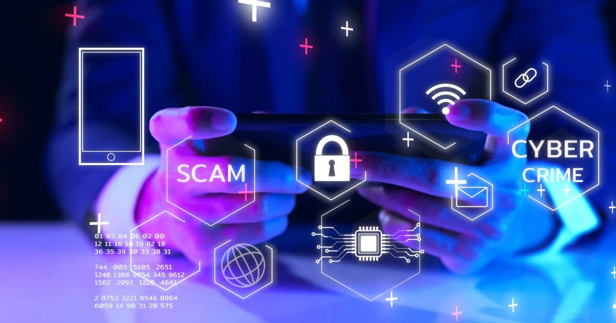 Image in purple and pink hues of multiple security related icons, plus icons and a person in the background using their smartphone.