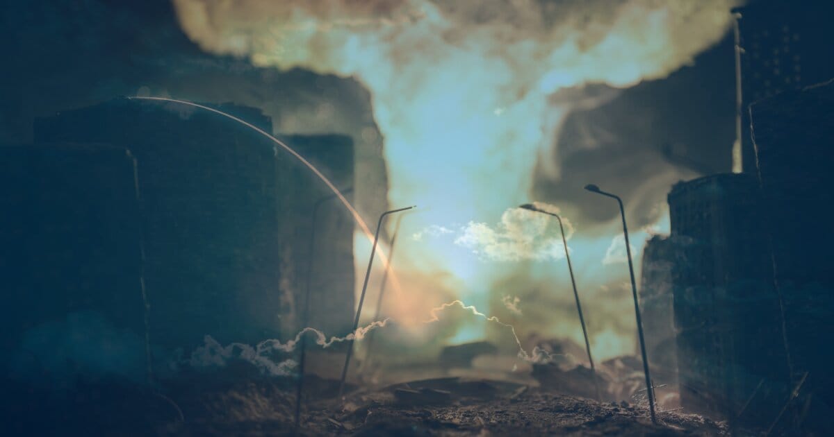 A nuclear holocaust city image blended into an opaque image of a bright white trail shooting accross the sky and dissapearing behind a cloud.