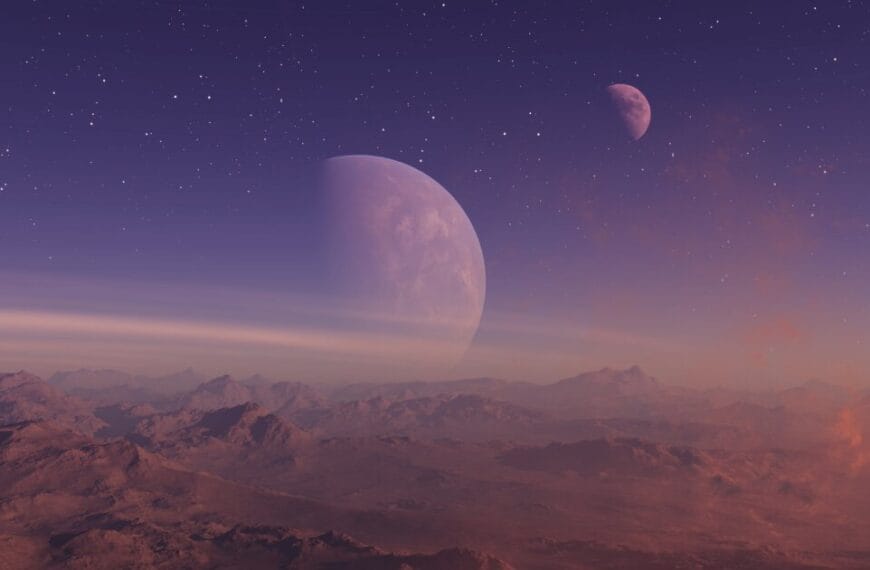 Image from an exoplanet's desert like moon of two exoplants in syncronized geo syncronous orbit around its star.