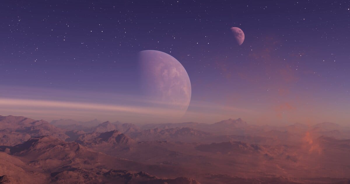 Image from an exoplanet's desert like moon of two exoplants in syncronized geo syncronous orbit around its star.