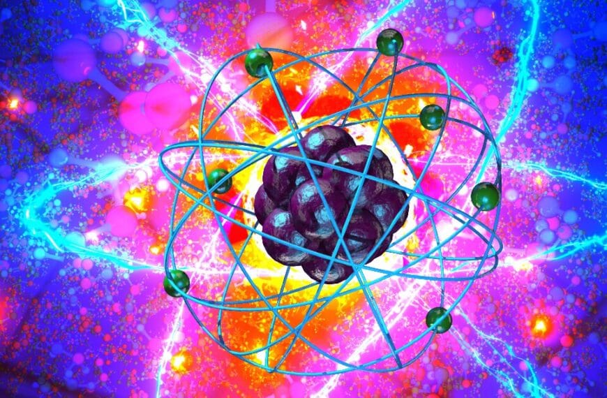 Spectrumed image of a proton producing energy in the background with a model image of an atom in the foreground.
