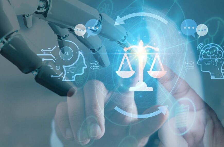 Multiple human fingers with one robotic finger touching a justice scales with AI Ethics digital art screened. The justice scales as light emminating from it.