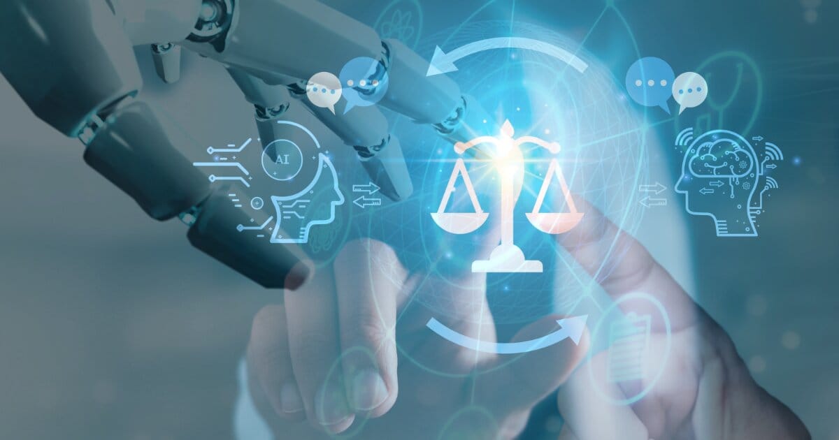 Multiple human fingers with one robotic finger touching a justice scales with AI Ethics digital art screened. The justice scales as light emminating from it.