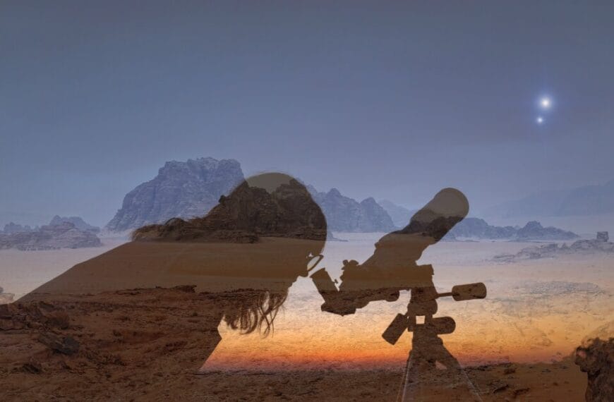 Opaguely blended image of a woman at dusk looking into a telescope with a Martian landscape in the rear blend of the image creating a futuristic Martian view.