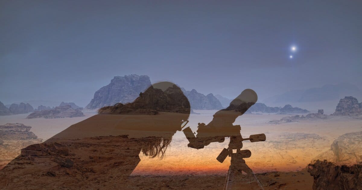 Opaguely blended image of a woman at dusk looking into a telescope with a Martian landscape in the rear blend of the image creating a futuristic Martian view.
