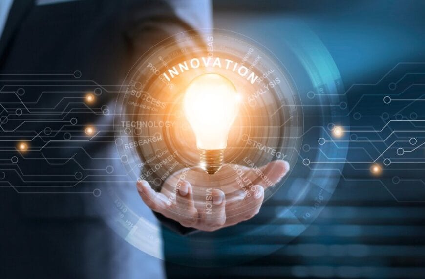 Background is a businessman in a suit holding a lightbulb which is shining into a forground digital circuit radiating different terms including the title named Innovation.