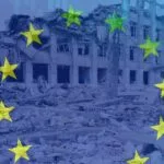 Image of European flag partially showing with a bombed out Ukrainin building opaguely mixed with it. Stacked coins are opageuly blend to the right handside.
