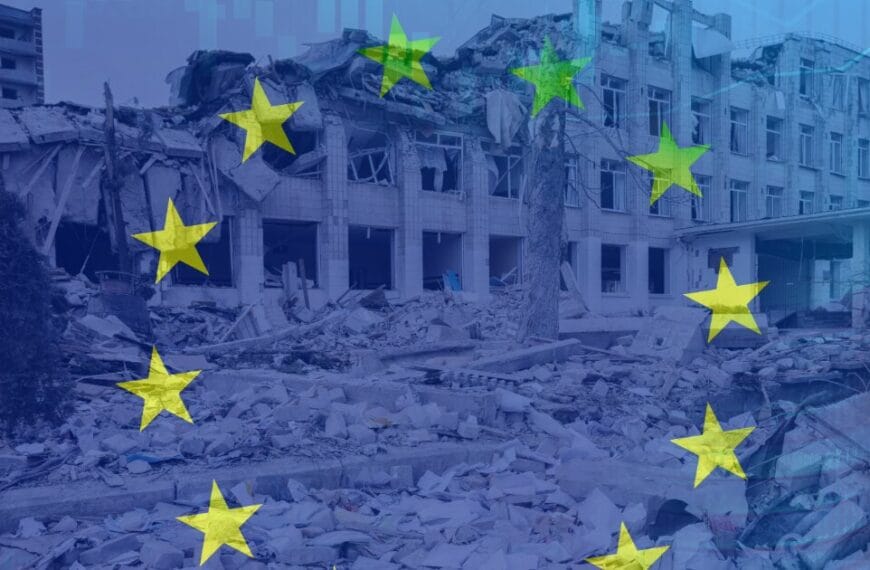 Image of European flag partially showing with a bombed out Ukrainin building opaguely mixed with it. Stacked coins are opageuly blend to the right handside.