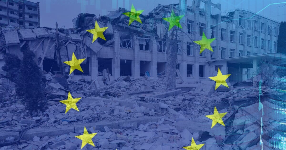 Image of European flag partially showing with a bombed out Ukrainin building opaguely mixed with it. Stacked coins are opageuly blend to the right handside.