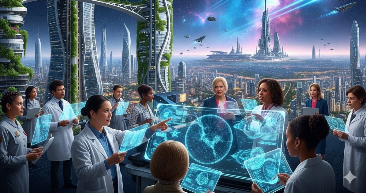 Futuristic view of the earth where collaboration advances humanity to the stars and we prosper as a species on our home planet.