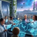 Futuristic view of the earth where collaboration advances humanity to the stars and we prosper as a species on our home planet.