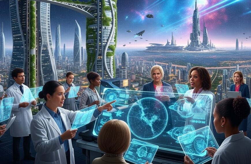Futuristic view of the earth where collaboration advances humanity to the stars and we prosper as a species on our home planet.