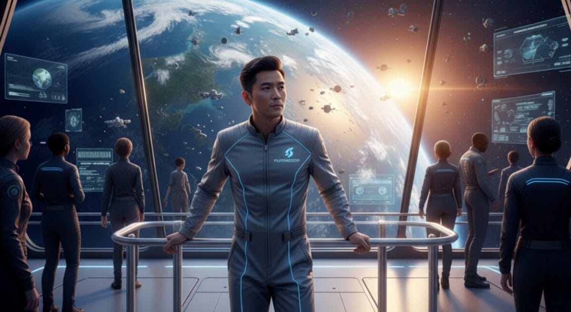 James Fong on Hindsight Station looking out onto the earth. He is typed as been worried on the command deck with staff looking at their latest tech deployment.
