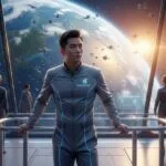 James Fong on Hindsight Station looking out onto the earth. He is typed as been worried on the command deck with staff looking at their latest tech deployment.