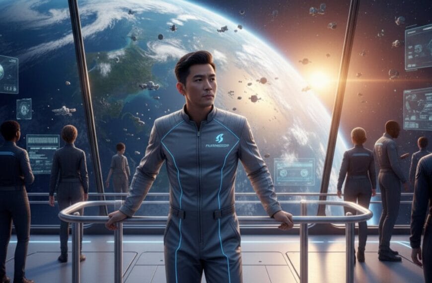 James Fong on Hindsight Station looking out onto the earth. He is typed as been worried on the command deck with staff looking at their latest tech deployment.